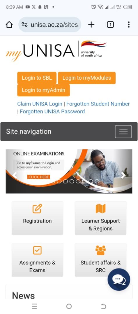 UNISA Mobile Login Interface