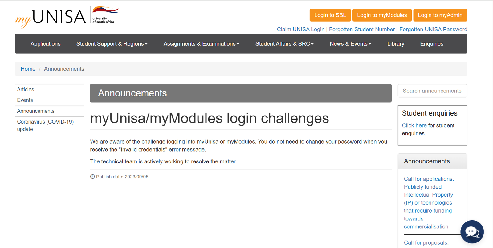 UNISA Desktop Login Interface