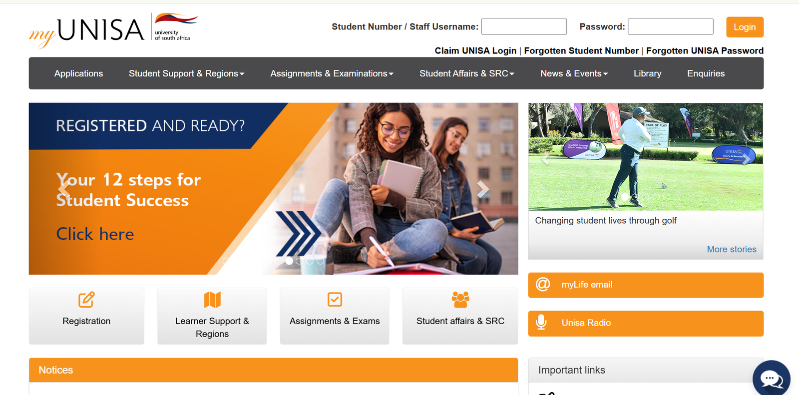 myUnisa login page screenshot 2025